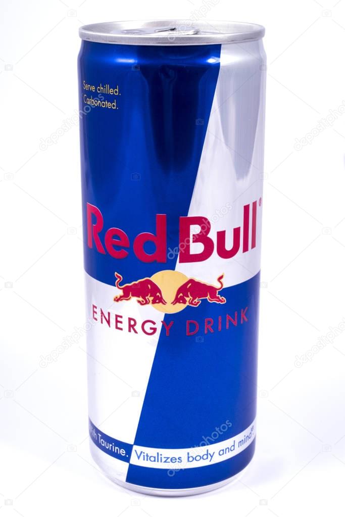 LONDON, UK - JANUARY 4TH 2017: A studio shot of Red Bull Energy Drink over a plain white background, on 4th January 2017.