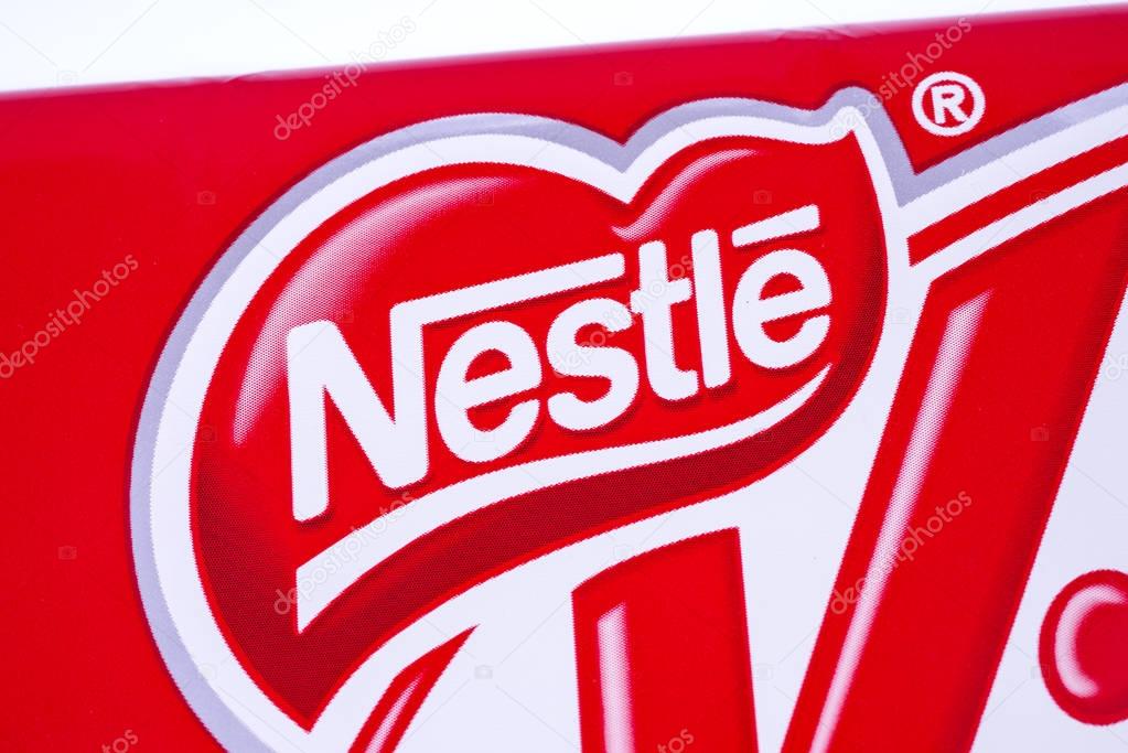 LONDON, UK - JANUARY 4TH 2017: A close-up of the Nestle logo on one of their confectionery products, pictured over a plain white background on 4th January 2017.