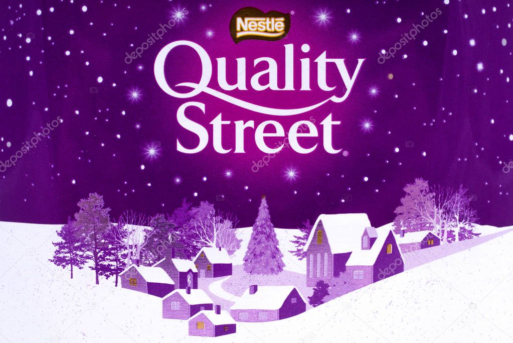 LONDON, UK - JANUARY 4TH 2017: A close-up of the Nestle Quality Street symbol on a tin of the product, on 4th January 2017.