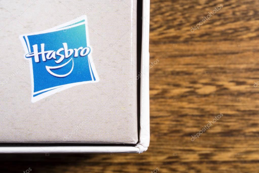 LONDON, UK - JANUARY 13TH 2017: The Hasbro logo on the packaging of one of their board games, on 13th January 2017. Hasbro is the third largest toy maker in the world.