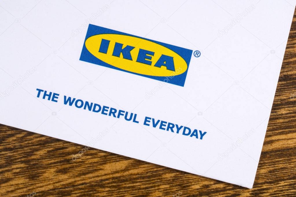 LONDON, UK - JANUARY 13TH 2017: A close-up of the Ikea company logo with the company slogan The Wonderful Everyday, printed on one of their promotional leaflets, on 13th January 2017.