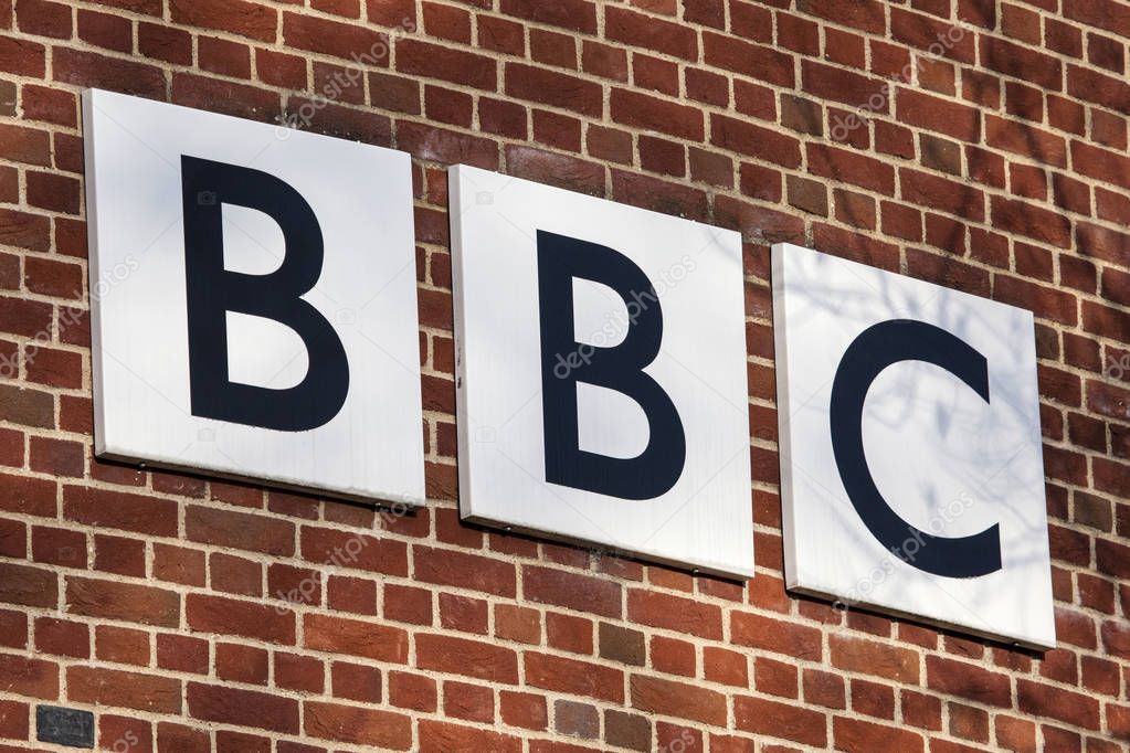 NORWICH, UK - JANUARY 17TH 2017: The BBC logo on the exterior of their BBC East headquarters at The Forum in Norwich, on 17th January 2017.