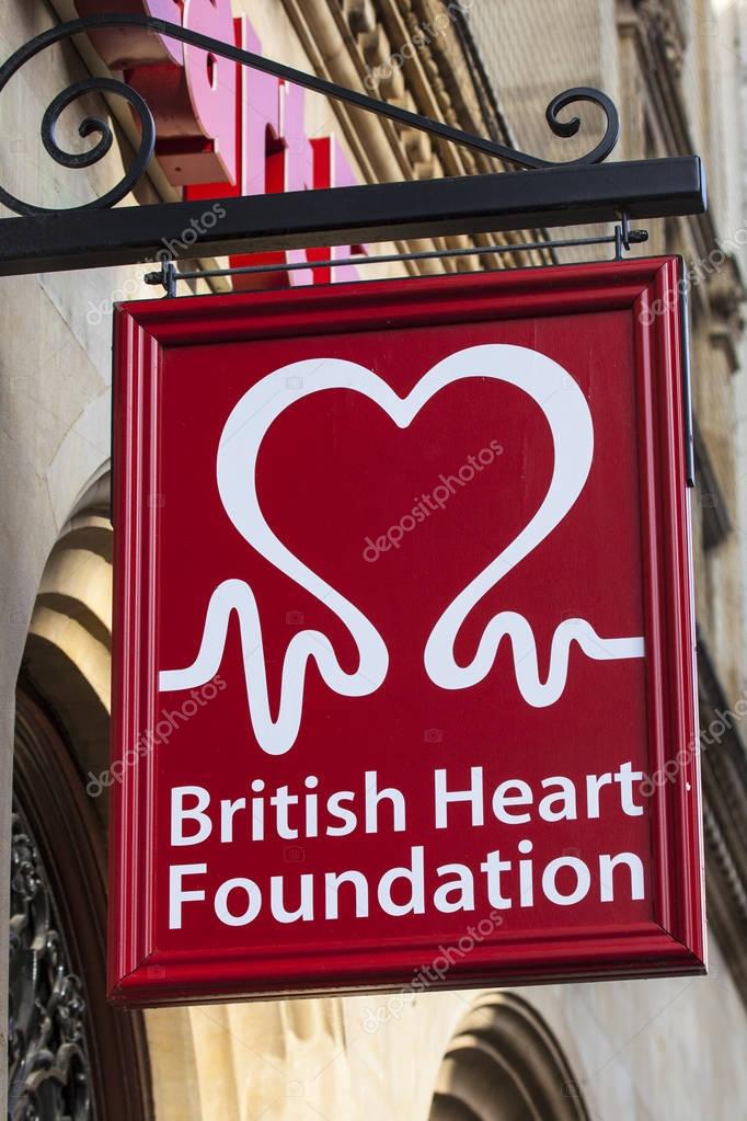 NORWICH, UK - JANUARY 17TH 2017: The British Heart Foundation sign outside one of their charity shops, this one located in Norwich city centre, on 17th January 2017.