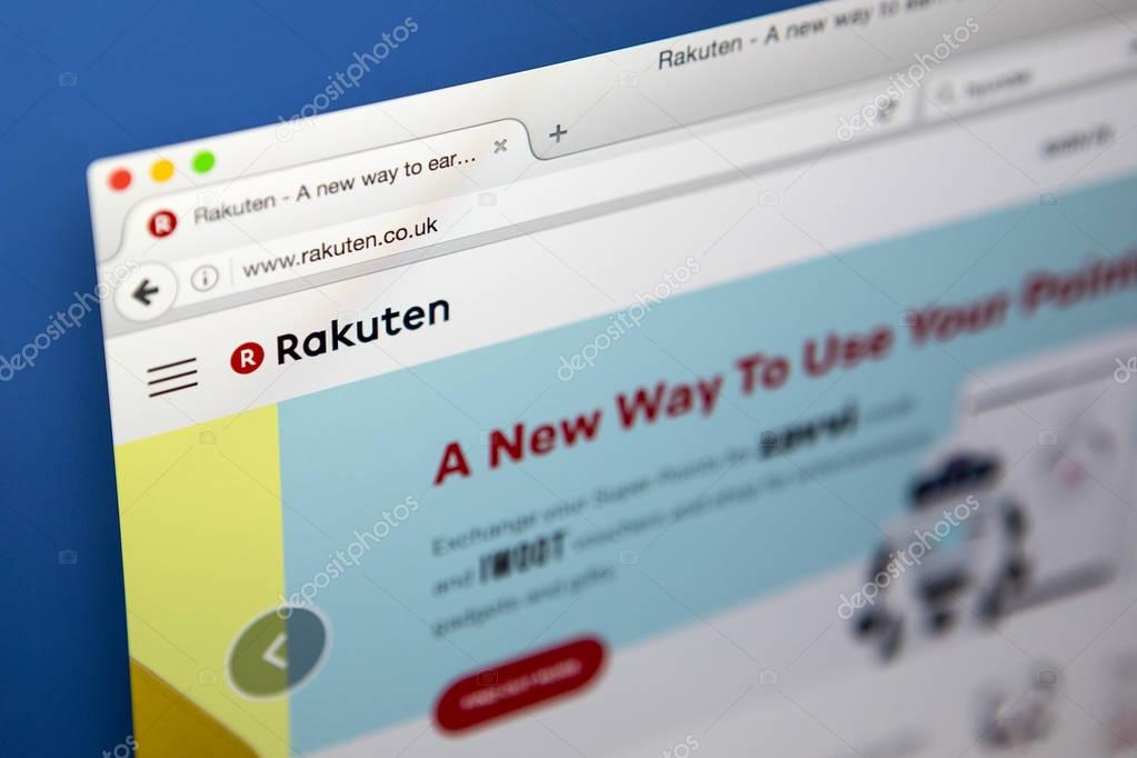 LONDON, UK - APRIL 20TH 2017: The homepage of the official Rakuten website, the Japanese online electronic commerce company, on 20th April 2017.