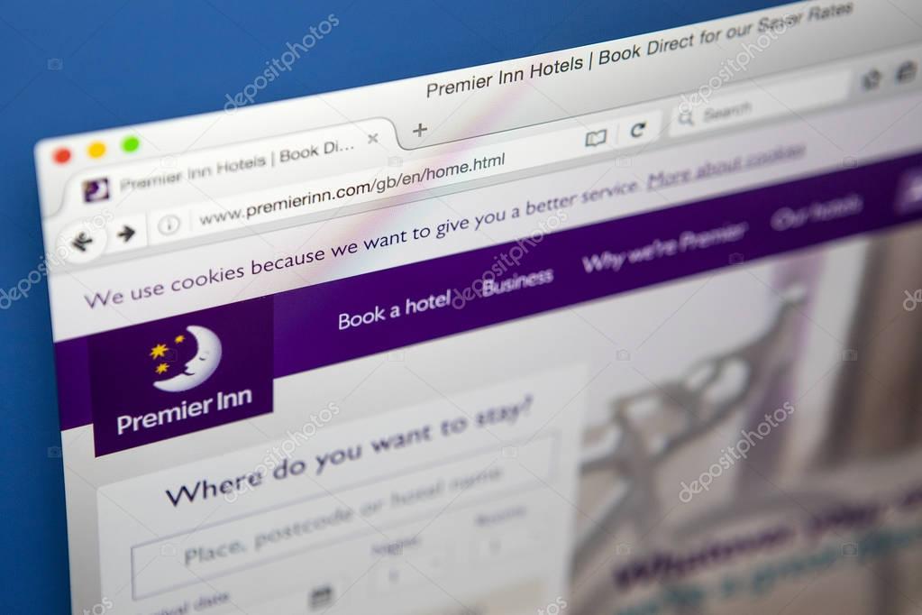 LONDON, UK - APRIL 20TH 2017: The homepage of the official website for the Premier Inn brand of hotels, on 20th April 2017.