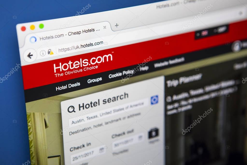 LONDON, UK - APRIL 15TH 2017: The homepage of the official website for Hotels.com, a site for booking hotel rooms online, on 15th April 2017.