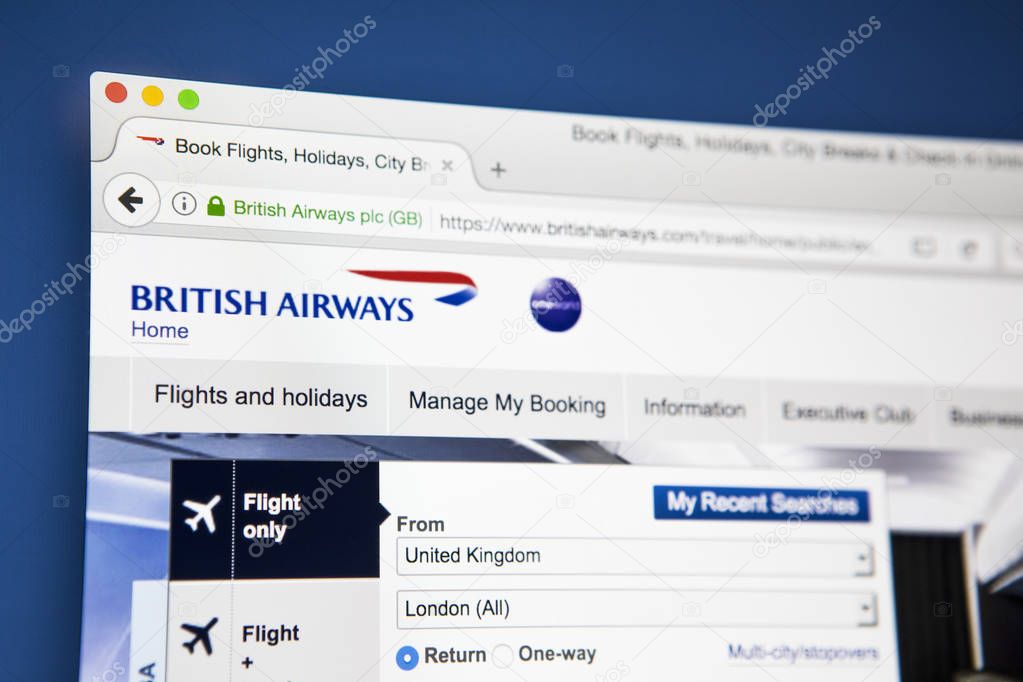 LONDON, UK - MAY 3RD 2017: The homepage of the official website for British Airways, the largest airline in the UK based on fleet size, on 3rd May 2017.
