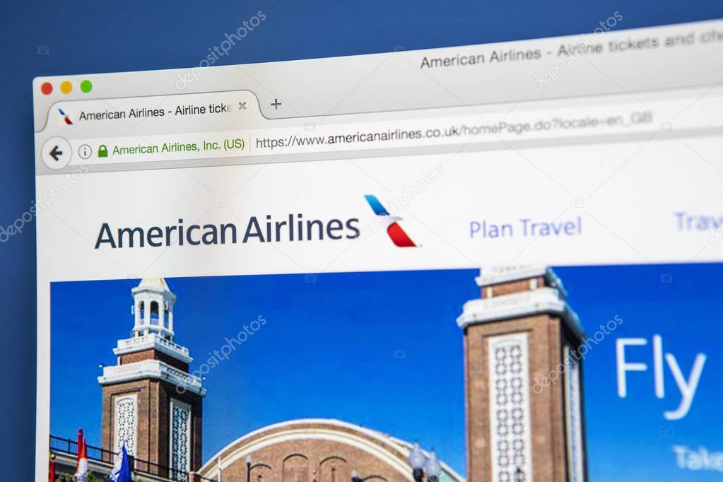 LONDON, UK - MAY 3RD 2017: The homepage of the official website for American Airlines, the largest airline in the world when measured by fleet size, on 3rd May 2017.