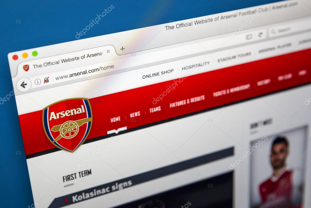 LONDON, UK - JUNE 8TH 2017: The homepage of the official website for Arsenal Football Club, on 8th June 2017.