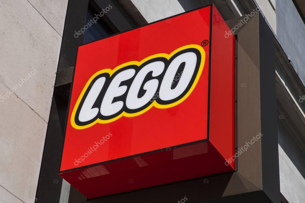 LONDON, UK - JUNE 14TH 2017: The Lego symbol at the Lego store in Leicester Square in central London, UK, on 14th June 2017.