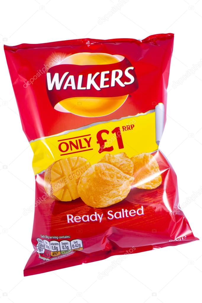 LONDON, UK - OCTOBER 10TH 2017: A studio shot of a packet of Ready Salted Walkers crisps over a white background, on 10th October 2017.