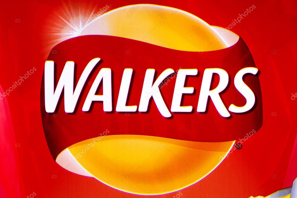 LONDON, UK - OCTOBER 10TH 2017: A close-up of the Walkers logo on a pack of Ready Salted crisps, on 10th October 2017.
