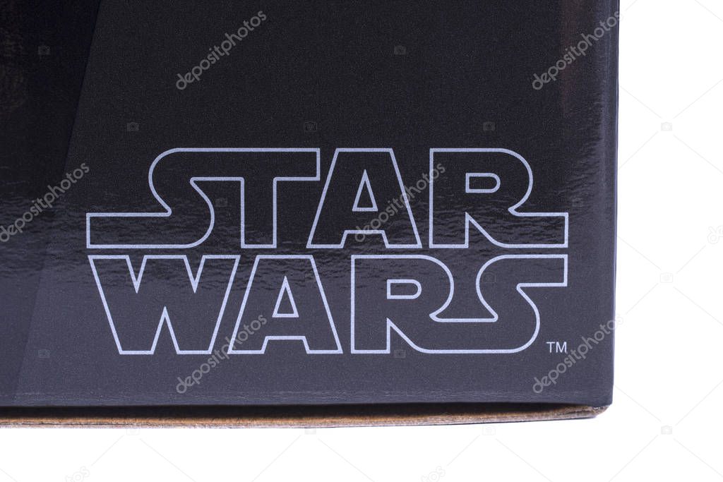 LONDON, UK - OCTOBER 10TH 2017: A close-up of the Star Wars logo on a product item, the Star Wars franchise is owned by Disney, on 10th October 2017.