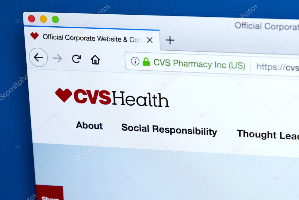 LONDON, UK - JANUARY 25TH 2018: The homepage of the official website for the CVS Health Corporation - the American retail company health care company, on 25th January 2018.