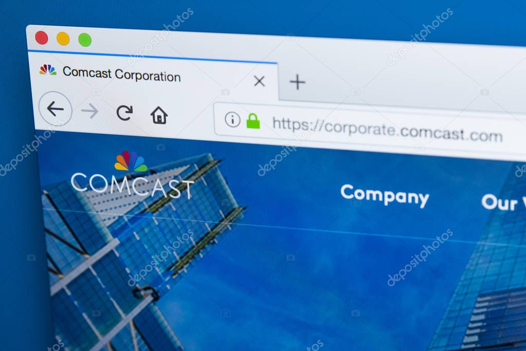 LONDON, UK - JANUARY 25TH 2018: The homepage of the official website for Comcast Corporation - the American telecommunications conglomerate that is the largest broadcasting television company in the world, on 25th January 2018.