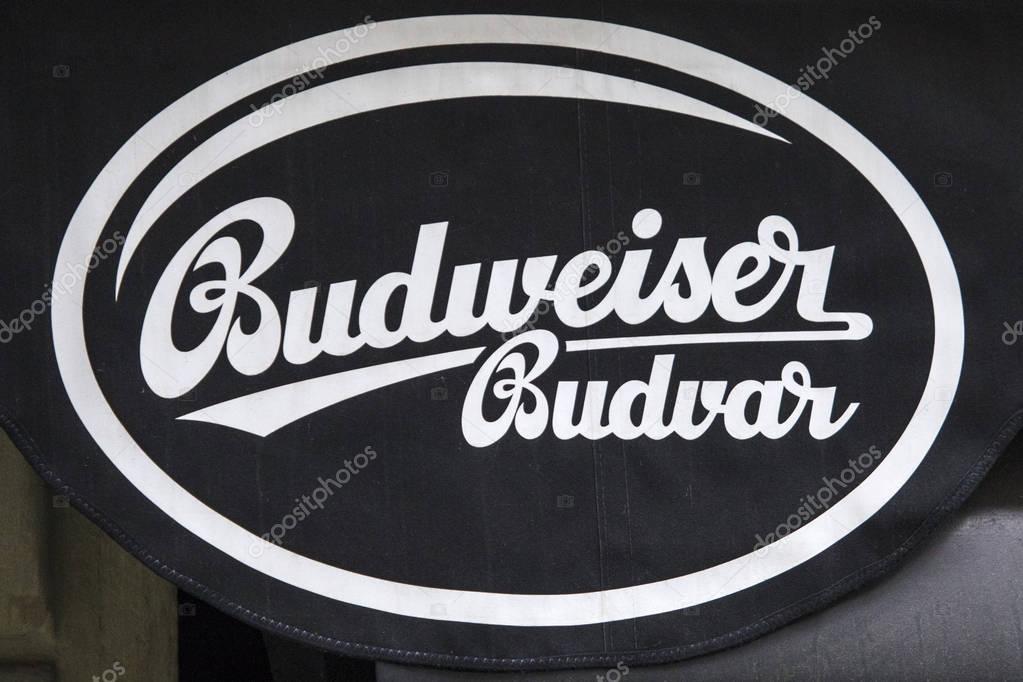 PRAGUE, CZECH REPUBLIC - DECEMBER 22ND 2017: A sign outside a bar in the city of Prague, advertising Budweiser Budvar lager, on 22nd December 2017.
