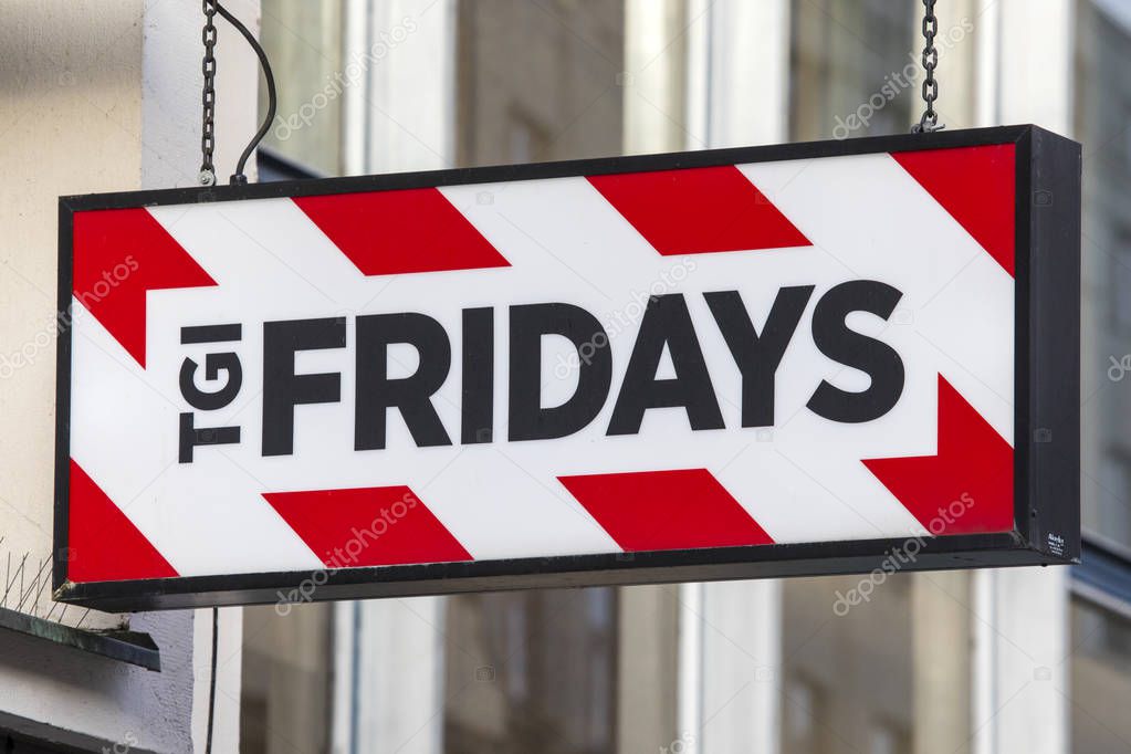 PRAGUE, CZECH REPUBLIC - DECEMBER 23RD 2017: The sign above the entrance to TGI Fridays restaurant in the city of Prague in Czech Republic, on 23rd December 2017.