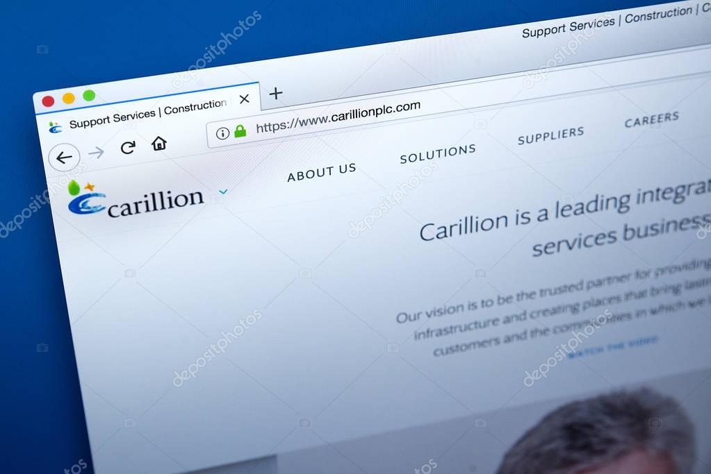 LONDON, UK - JANUARY 15TH 2018: The homepage of the official website for Carillion plc - the British multinational facilities management and construction services company, on 15th January 2018.