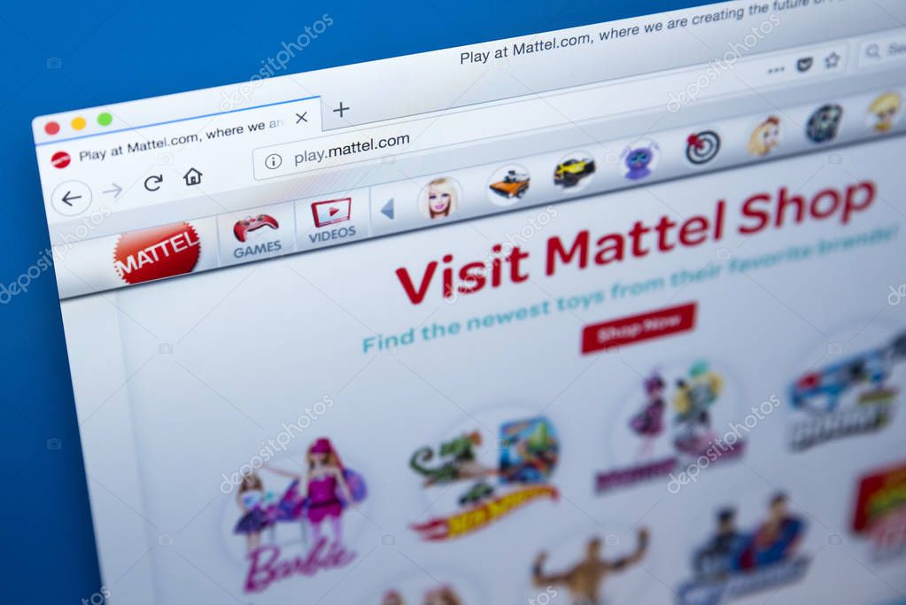 LONDON, UK - JANUARY 8TH 2018: The homepage of the official website for Mattel - the American toy manufacturing company, on 8th January 2018.