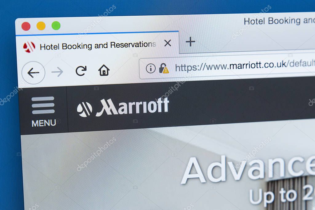 LONDON, UK - DECEMBER 4TH 2017: The homepage of the official website for Marriott International Inc - the American multinational hospitality company, on 4th December 2017.