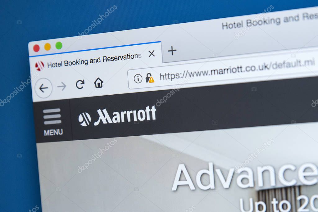 LONDON, UK - DECEMBER 4TH 2017: The homepage of the official website for Marriott International Inc - the American multinational hospitality company, on 4th December 2017.