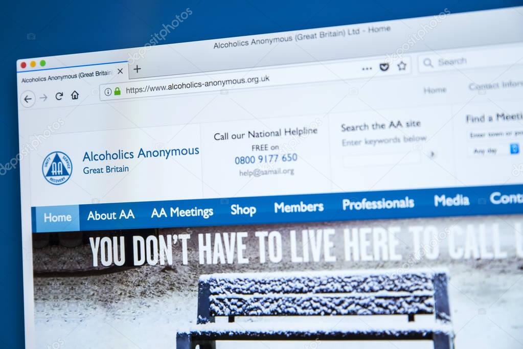 LONDON, UK  DECEMBER 14TH 2017: The homepage of the official website for Alcoholics Anonymous the international mutual aid fellowship to help alcoholics stay sober and achieve sobriety, on 14th December 2017.