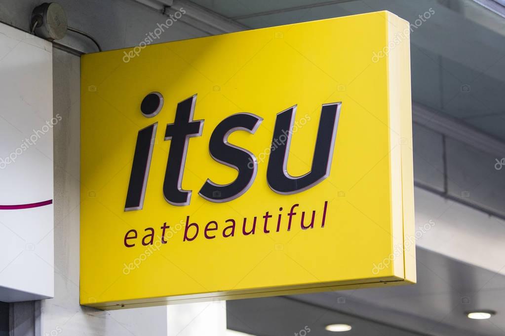 LONDON, UK - FEBRUARY 16TH 2018: The sign above the entrance to Itsu in central London, on 16th February 2018.  Itsu is a British chain of Asian-inspired fast food shops and restaurants.