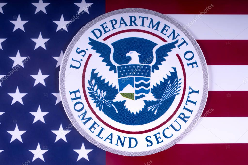 LONDON, UK - MARCH 18TH 2018: The symbol of the US Department of Homeland Security pictured over the USA Flag, on 18th March 2018.
