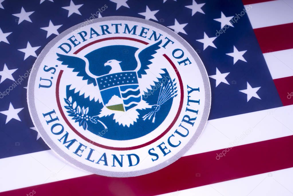 LONDON, UK - MARCH 18TH 2018: The symbol of the US Department of Homeland Security pictured over the USA Flag, on 18th March 2018.
