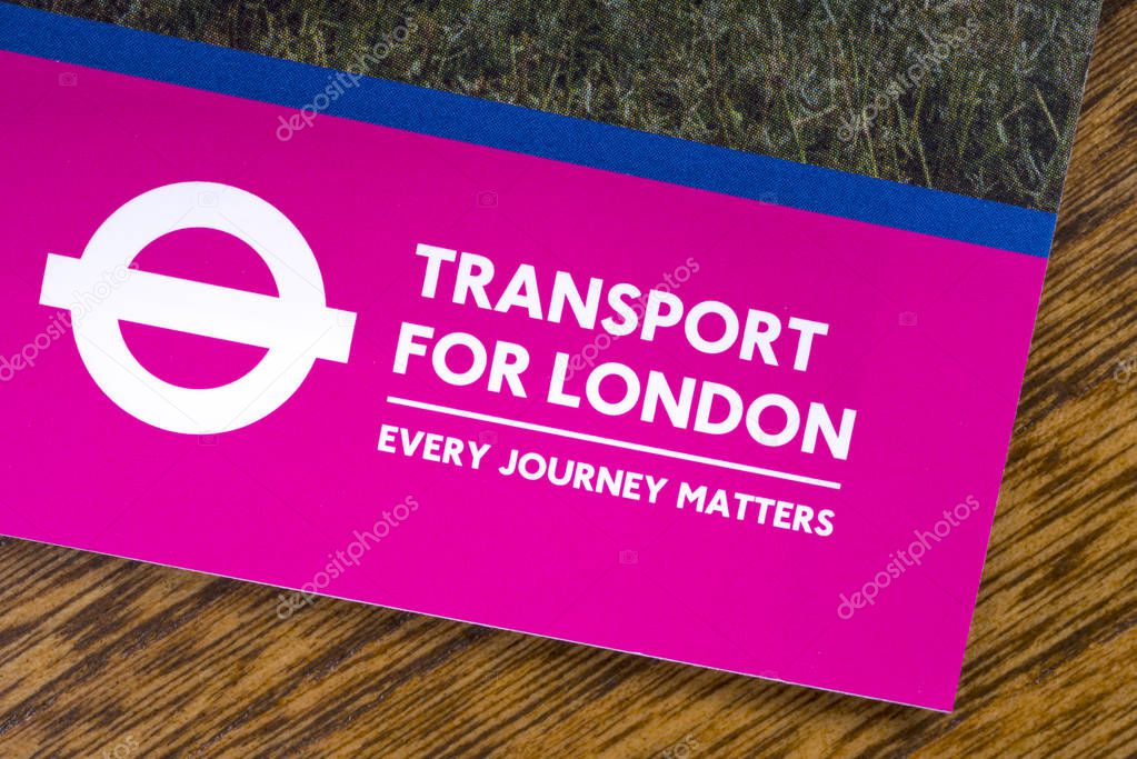 LONDON, UK - MARCH 27TH 2018: A close-up of the Transport for London logo on an information leaflet, on 27th March 2018.  TfL is a local government body responsible for the transport system in Greater London, England.