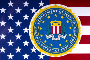 Londra, İngiltere - 26 Mart 2018: Mühür veya bayrak, ABD ile 26 Mart 2018 tasvir FBI, sembolü. İç Intelligence ve güvenlik hizmeti ABD'nin FBI olduğunu ve asıl onun federal kolluk ag