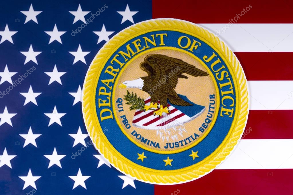 LONDON, UK - MARCH 26TH 2018: The symbol of the United States Department of Justice portrayed with the US flag, on 26th March 2018.