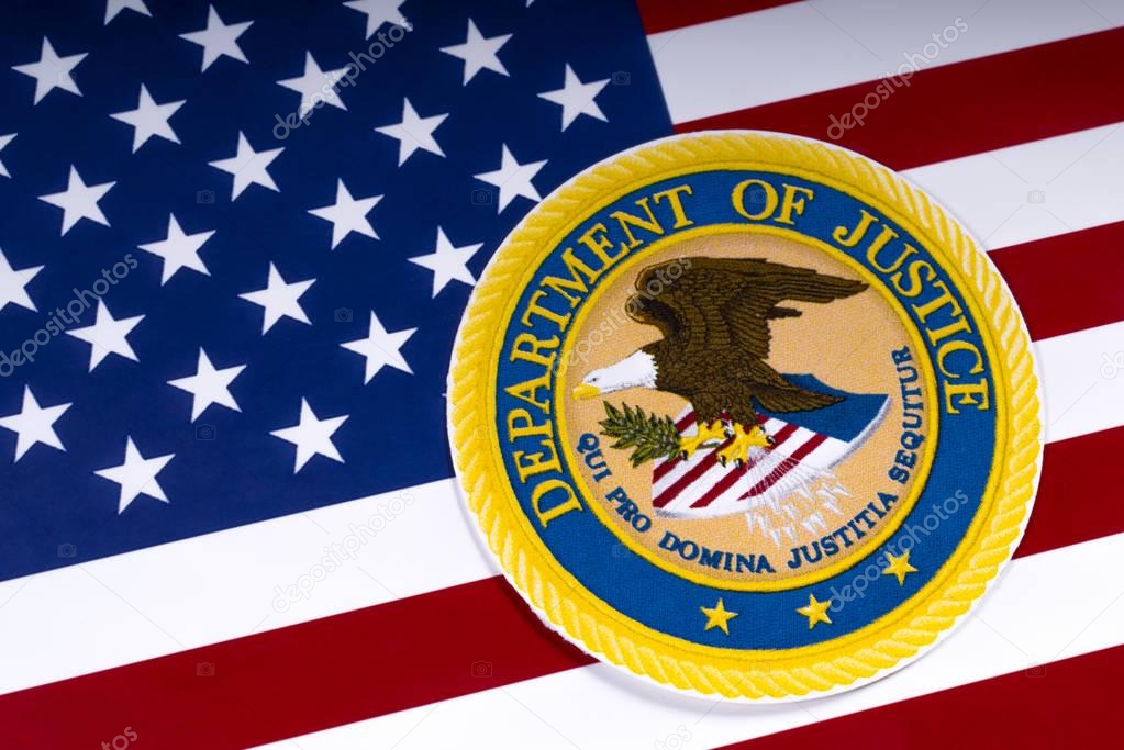 LONDON, UK - MARCH 26TH 2018: The symbol of the United States Department of Justice portrayed with the US flag, on 26th March 2018.