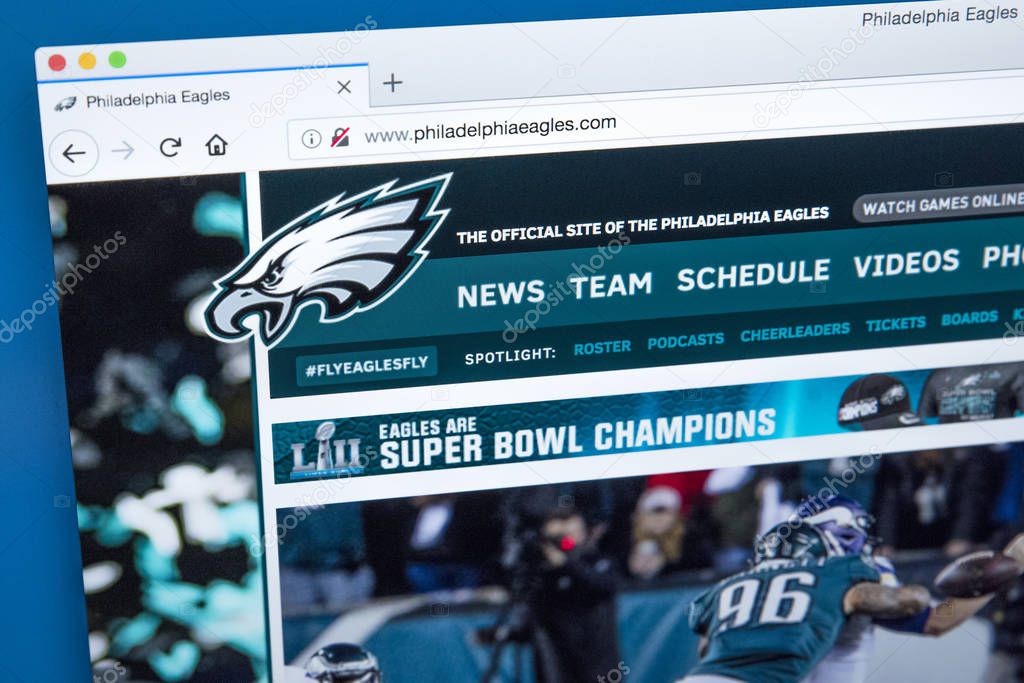 LONDON, UK - MARCH 7TH 2018: The homepage of the official website for the Philadelphia Eagles - the professional American football team, on 7th March 2018.