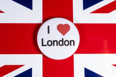 Londra, İngiltere - 27th Nisan 2018: Bir ben İngiltere'de bayrak üzerinde 27 Nisan 2018 resimde aşk Londra rozeti.