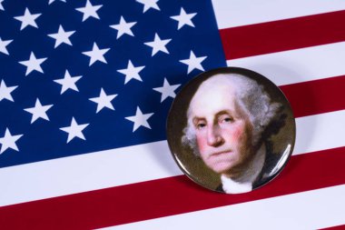Londra, İngiltere - 27th Nisan 2018: ABD bayrağı üzerinde 27 Nisan 2018 resimde A George Washington rozeti. Washington, Amerika Birleşik Devletleri ve bir kurucu babası 1 başkandı. 