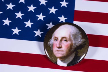 Londra, İngiltere - 27th Nisan 2018: ABD bayrağı üzerinde 27 Nisan 2018 resimde A George Washington rozeti. Washington, Amerika Birleşik Devletleri ve bir kurucu babası 1 başkandı. 