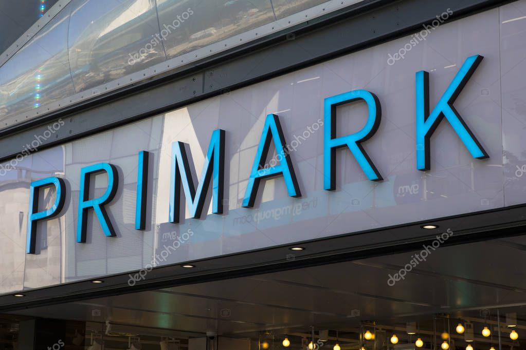 Birmingham, UK - September 20th 2019: The Primark logo above the entrance to its store in the city of Birmingham, UK. It is the biggest Primark store in the world.