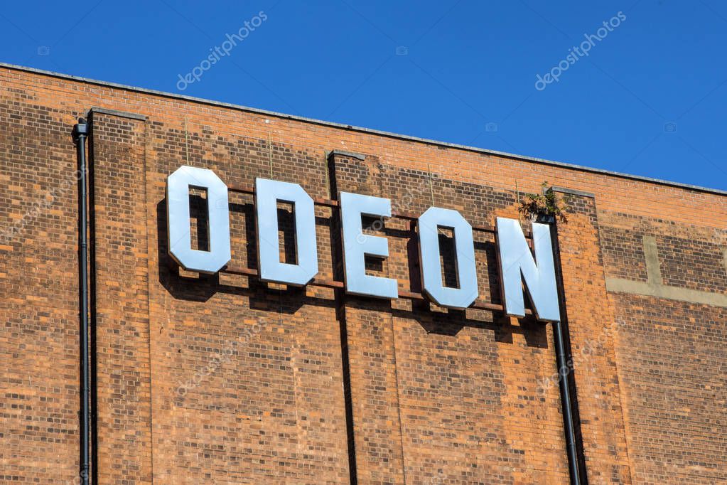 Birmingham, UK - September 20th 2019: The Odeon logo on the exterior of their cinema in the city of Birmingham, UK.