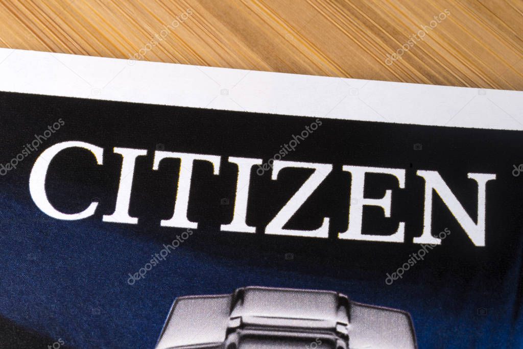 London, UK - December 5th 2019: Close-up of the Citizen Watch Company logo in a product catalogue.  Citizen is an electronics company mainly known for its watches.