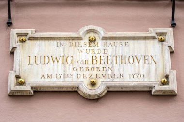 A plaque on the exterior of Beethoven-Haus, or Beethoven House in the city of Bonn, Germany. The plaque says In This House, Ludwig van Beethoven was Born on 17th December 1770.