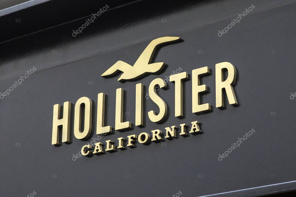 Bonn, Germany - February 17th 2020: A sign above the entrance to a Hollister store in the city of Bonn in Germany.  Hollister is a global teen and young adult retail brand owned by Abercrombie and Fitch.