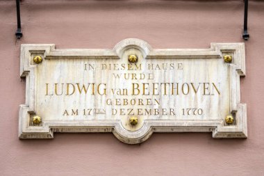 A plaque on the exterior of Beethoven-Haus, or Beethoven House in the city of Bonn, Germany. The plaque says In This House, Ludwig van Beethoven was Born on 17th December 1770.