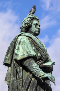 A Pigeon sits on the statue of famous composer Ludwig van Beethoven, located on Munsterplatz in the city of Bonn in Germany.  Bonn was the birthplace of Beethoven in 1770.