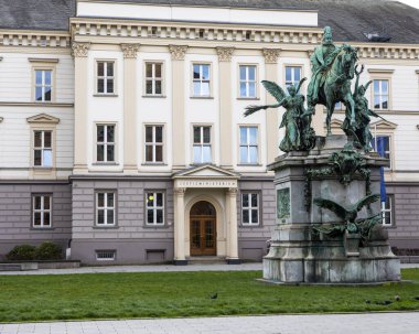 Dusseldorf, Germany - February 18th 2020: Monument to Kaiser Wilhelm standing in front of the Justizministerium, or Ministry of Justice of the State of North Rhine-Westphalia, in Dusseldorf, Germany.
