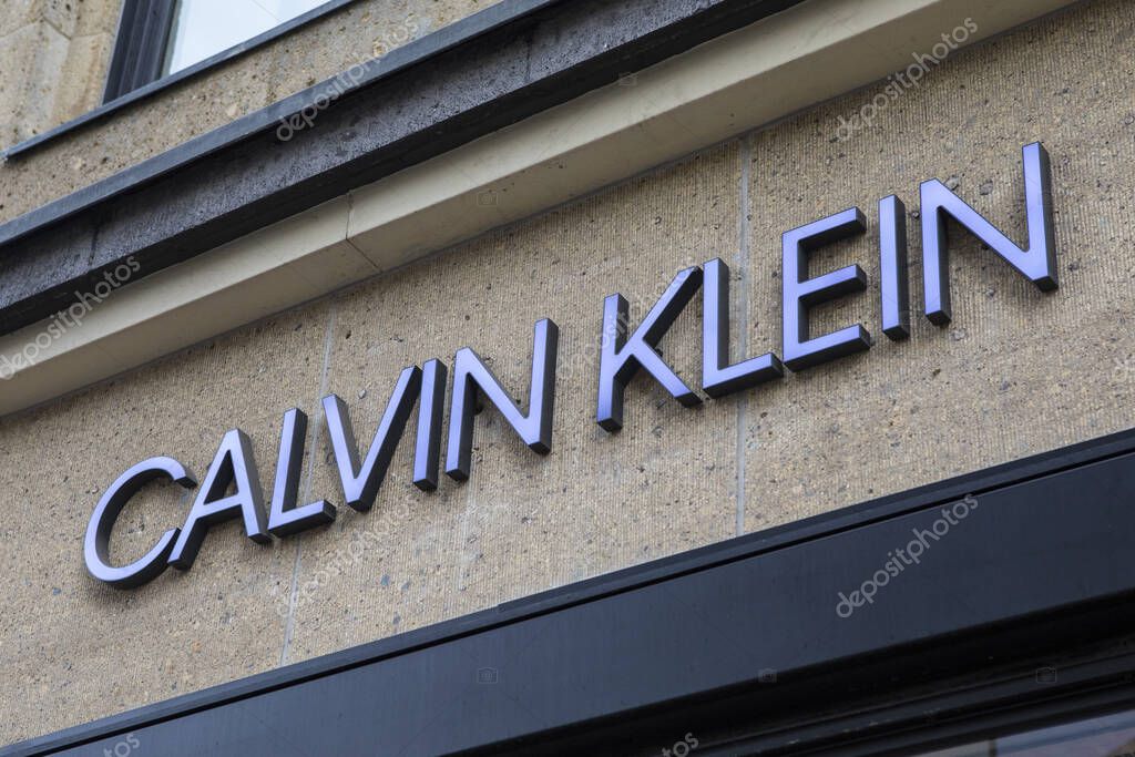 Dusseldorf, Germany - February 18th 2020: The Calvin Klein logo above the entrance to one of their stores in the city of Dusseldorf in Germany.