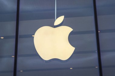 Dusseldorf, Germany - February 18th 2020: The Apple logo above the entrance to one of their stores in the city of Dusseldorf, Germany.
