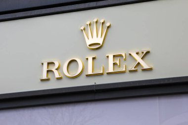 Dusseldorf, Germany - February 18th 2020: The Rolex logo above the entrance to one of their stores in the city of Dusseldorf, Germany.