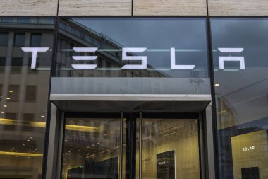 Dusseldorf, Germany - February 18th 2020: The Tesla logo above the entrance to one of their stores in the city of Dusseldorf, Germany.