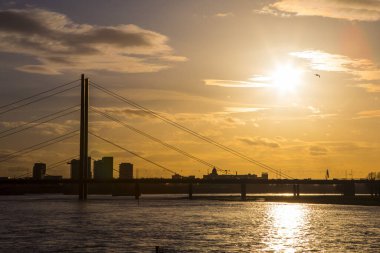 Almanya 'nın Dusseldorf şehrinde Ren Nehri' nin üzerinde uzanan Knie Köprüsü manzarası.